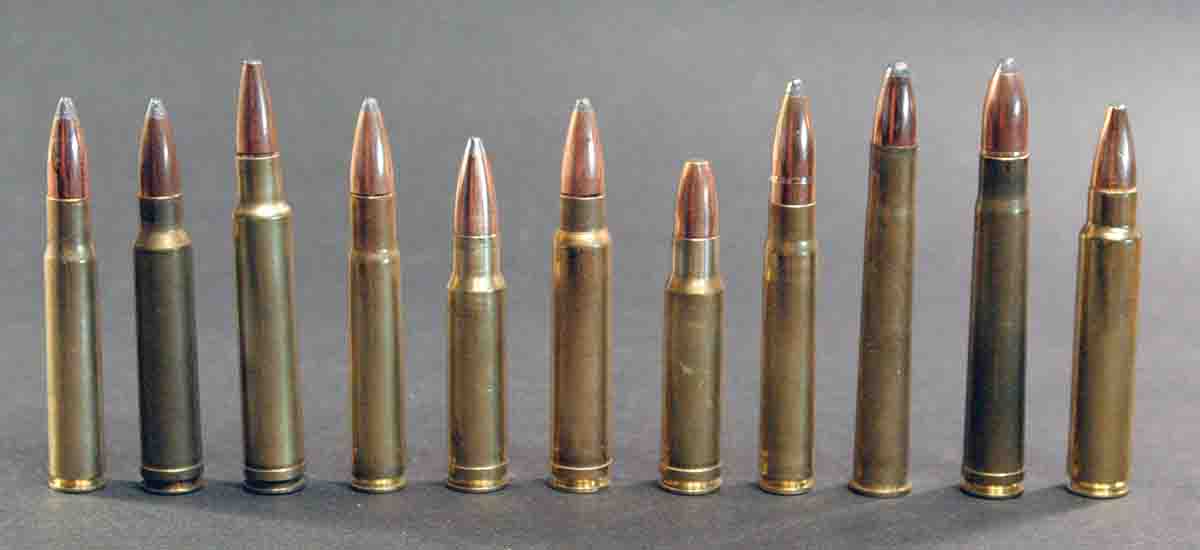 By one definition these .33- to .375-caliber cartridges are medium bores, but in North America most would be considered big bores (left to right): .338-06, .338 Winchester Magnum, .340 Weatherby Magnum, .35 Whelen, .350 Remington Magnum, .358 Norma Magnum, 9.3 Barsness-Sisk, 9.3x62 Mauser, 9.3x74R, .375 H&H Magnum and .375 Ruger.